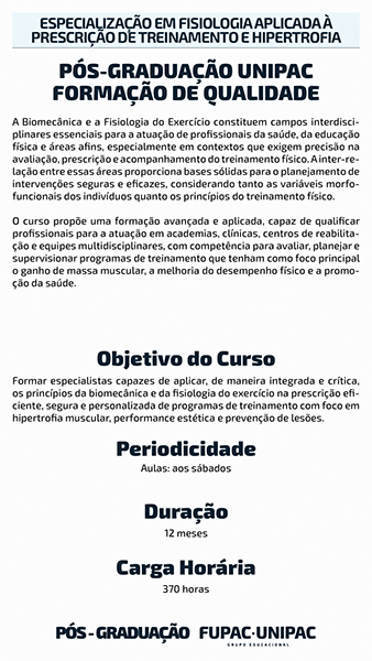 Especialização em Fisiologia Aplicada à Prescrição de Treinamento e Hipertrofia